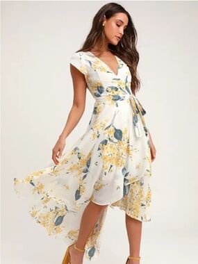 Lulu's White and Yellow Floral High-Low Wrap Dress
